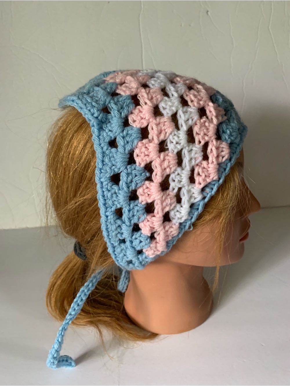 Crochet Handmade Bandana White Blue Pink